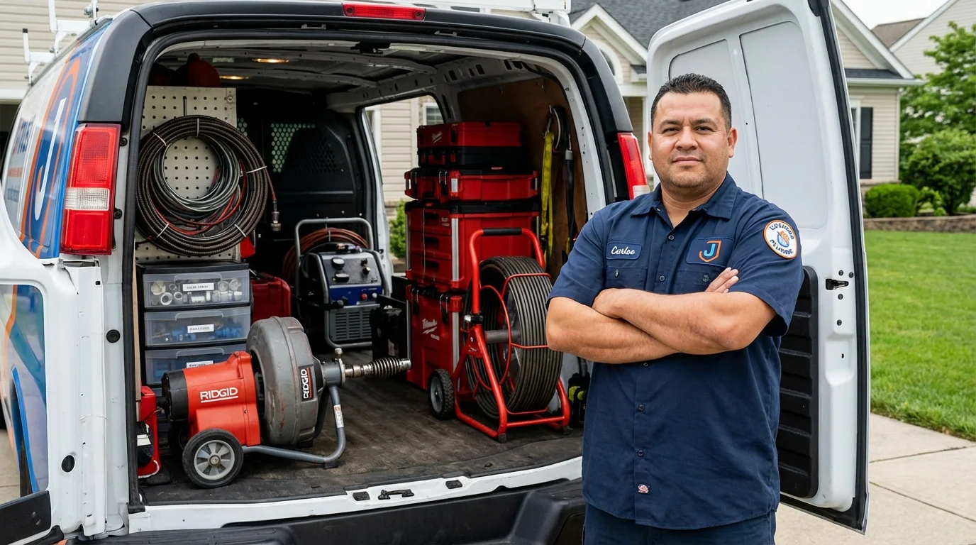Professional drain cleaning equipment and Johns Plumbing LLC plumber in Little Falls