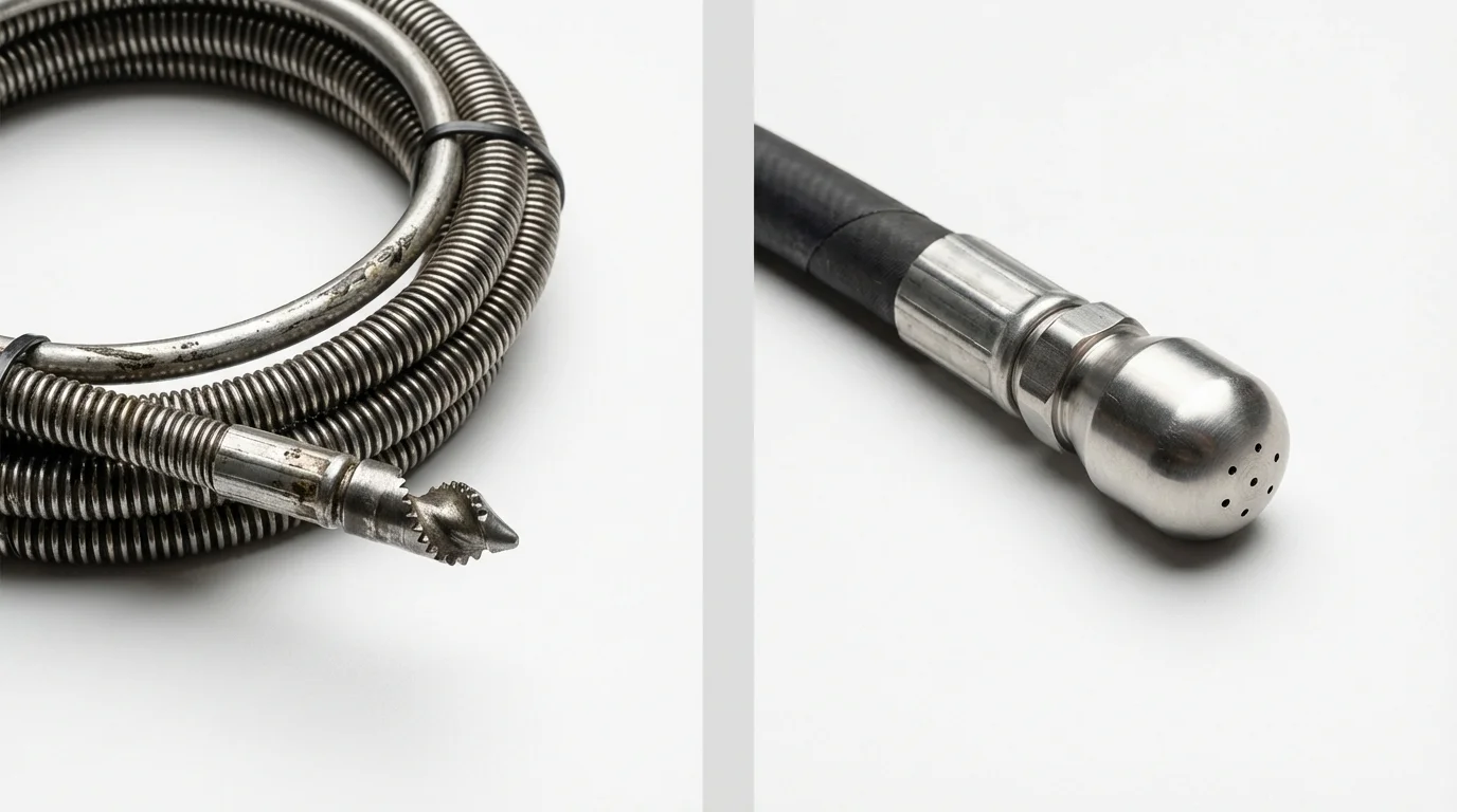 Drain snake cable and hydro jetting nozzle used for drain cleaning in Little Falls, MN