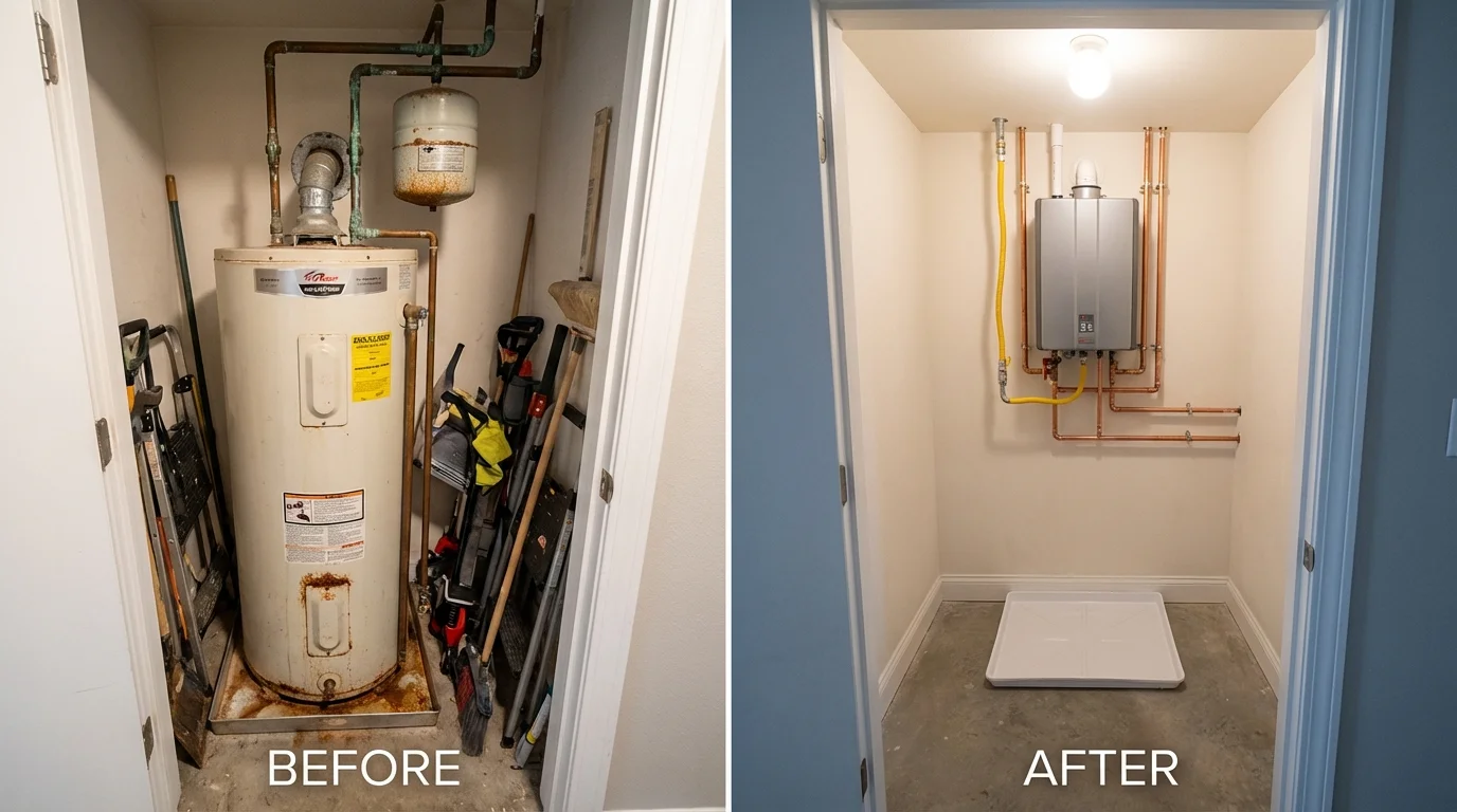 Tank water heater versus wall-mounted tankless unit comparison for Little Falls, MN homeowners