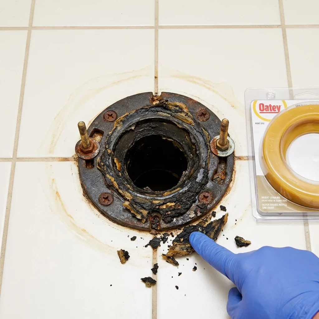 Failed wax ring showing water seepage at the base of a toilet in a Little Falls, MN home