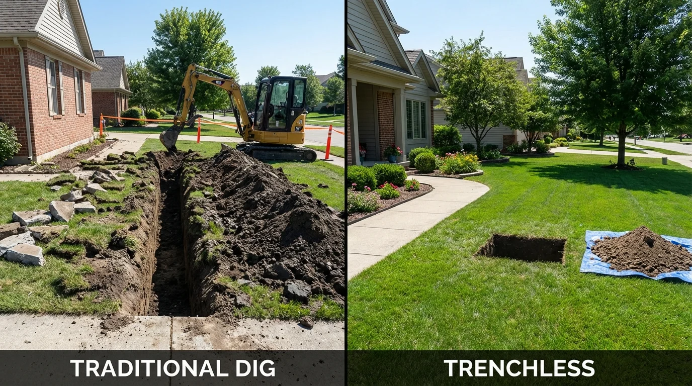 Trenchless sewer repair with minimal yard damage versus traditional excavation in Little Falls, MN