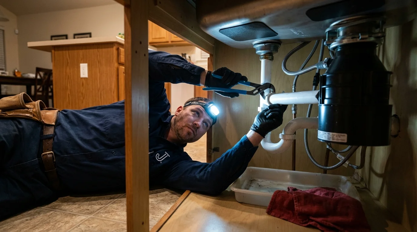 P-trap and supply line connections under a kitchen sink showing a common leak point in Little Falls, MN